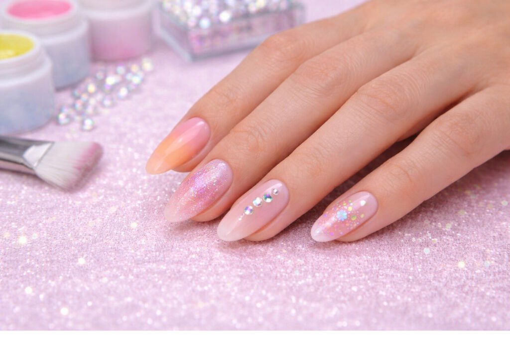 Main féminine en gros plan décorée de strass et paillettes, posée sur fond doux beige – effet nail art élégant et créatif.