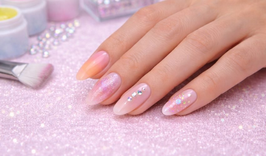 Main féminine en gros plan décorée de strass et paillettes, posée sur fond doux beige – effet nail art élégant et créatif.