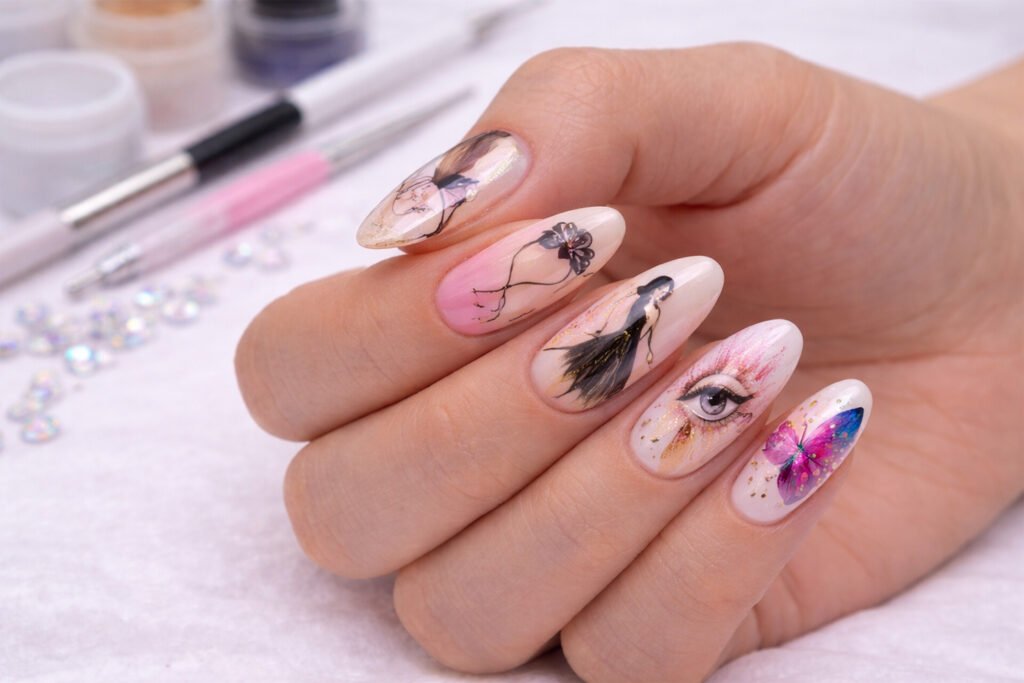 Main gauche avec Nail Art artistique complexe de style portrait, sur fond neutre