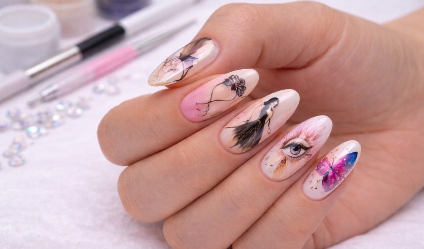 Main gauche avec Nail Art artistique complexe de style portrait, sur fond neutre