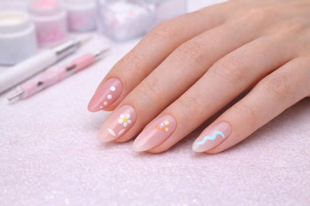 Main féminine avec Nail Art simple : traits, points et vagues réalisés en vernis semi-permanent, fond neutre, style épuré