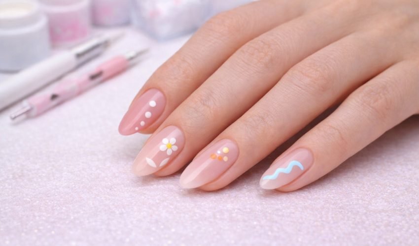 Main féminine avec Nail Art simple : traits, points et vagues réalisés en vernis semi-permanent, fond neutre, style épuré