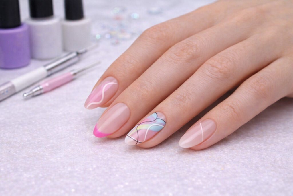 Main féminine présentant un nail art moderne avec micro-french et motifs abstraits, fond neutre élégant