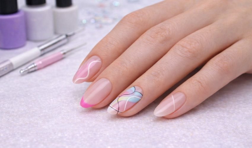Main féminine présentant un nail art moderne avec micro-french et motifs abstraits, fond neutre élégant